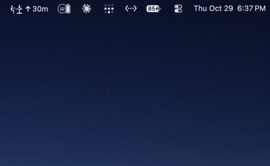 Deskpilot's menu bar popover, showing desk status, cruise control and today's sitting and standing totals.